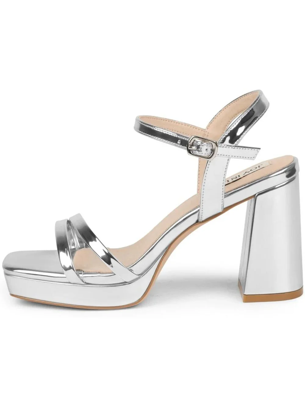 Women's Silver Patent Ankle Strap Square Open Toe  Chunky Block Heels Sandals